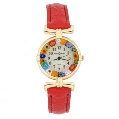 Murano Millefiori Watch With Leather Band - Red Multicolor