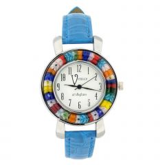 Serena Murano Millefiori Watch With Leather Band - Light Blue