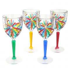 Venetian Crystal Italian Wine Glasses with Multicolor Stems - Set of Four