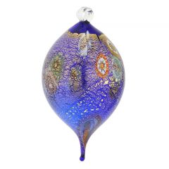 Murano Glass Millefiori Drop Christmas Ornament - Blue Gold