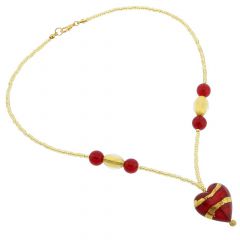 Murano Heart Necklace - Gold and Red