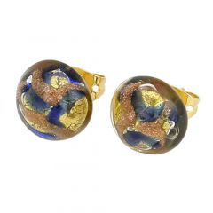 Murano Button Stud Earrings - Gold and Blue