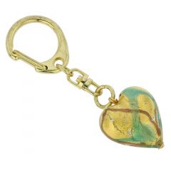 Murano Heart Keychain - Aqua Waves Gold