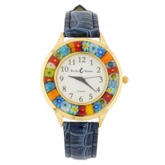 Serena Murano Millefiori Watch With Leather Band - Gold Blue