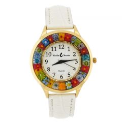 Serena Murano Millefiori Watch With Leather Band - Gold White