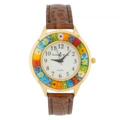 Serena Murano Millefiori Watch With Leather Band - Gold Brown
