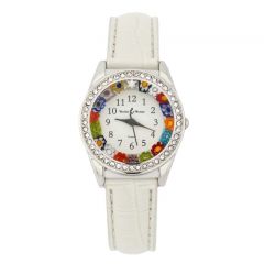 Venetian Crystals Murano Glass Watch With Leather Band - White