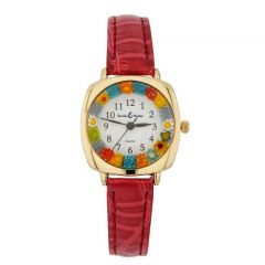 Murano Millefiori Square Watch With Leather Band - Red Multicolor