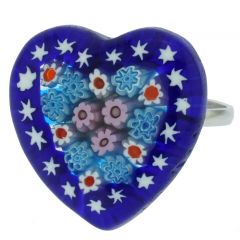 Arlecchino Murano Millefiori Heart Ring - Blue