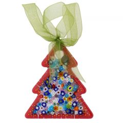 Murano Glass Hanging Christmas Tree Ornament with Ribbon - Red