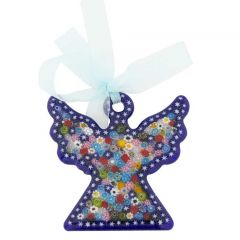 Murano Glass Hanging Angel Christmas Ornament with Ribbon - Blue