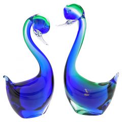 Pair Of Blue and Green Murano Glass Swans
