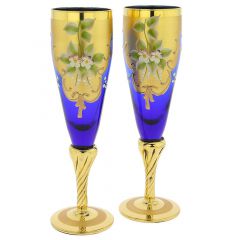 Set Of Two Murano Glass Champagne Flutes 24K Gold Leaf - Blue