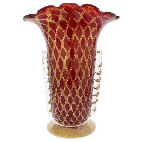 Murano Glass Golden Net Vase - Red