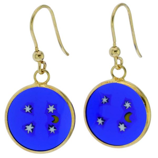 Millefiori Round Dangle Earrings \"Moon and Stars\"- Gold