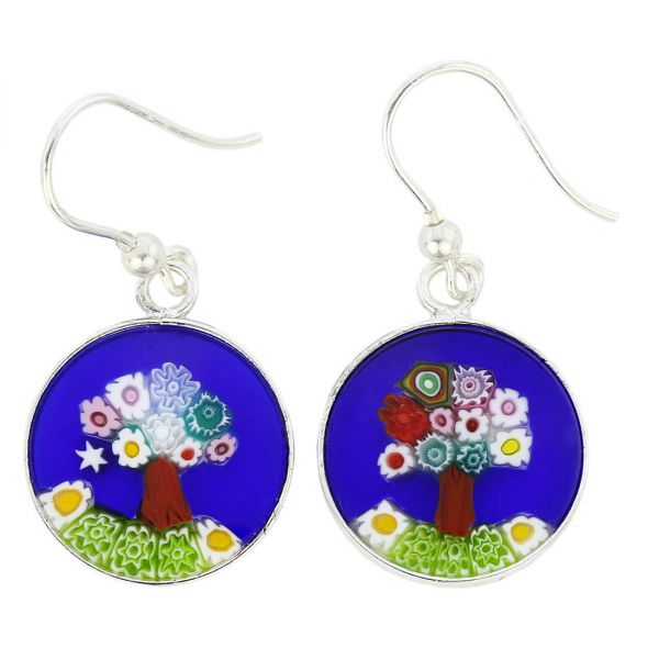 Millefiori Round Dangle Earrings \"Tree Of Life\" -Silver