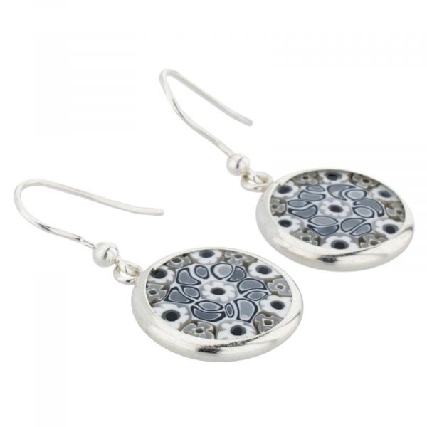 Millefiori Round Dangle Earrings - Silver