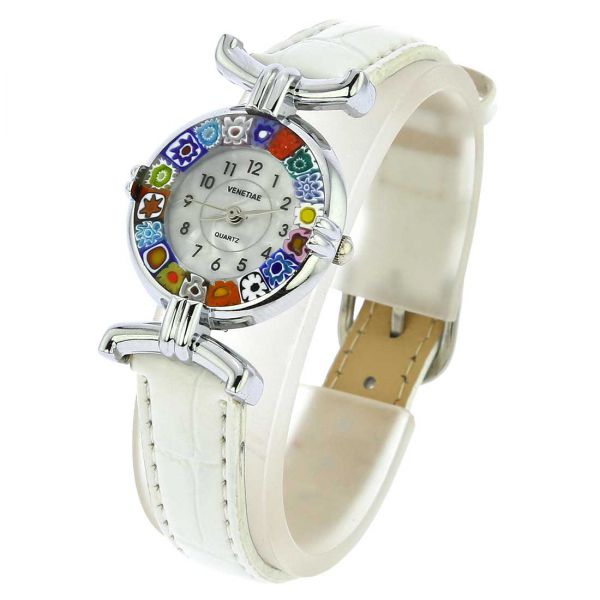 Murano Millefiori Watch With Leather Band - White Multicolor