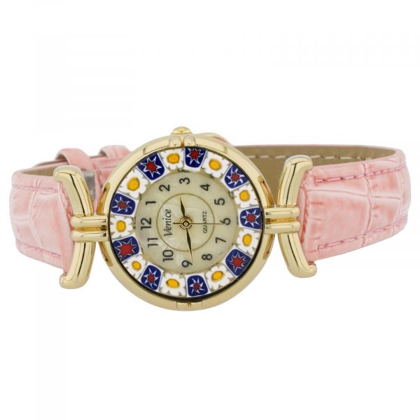 Murano Millefiori Watch With Leather Band - Pink