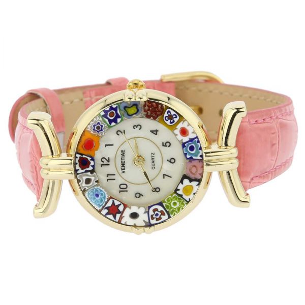 Murano Millefiori Watch With Leather Band - Pink Multicolor