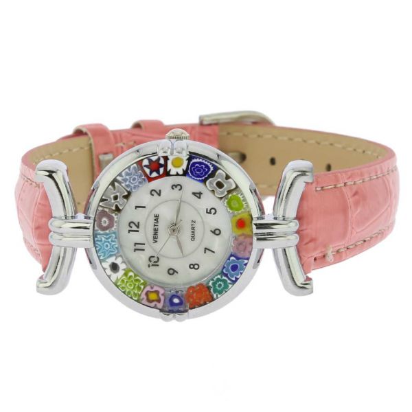 Murano Millefiori Watch With Leather Band - Silver Pink Multicolor