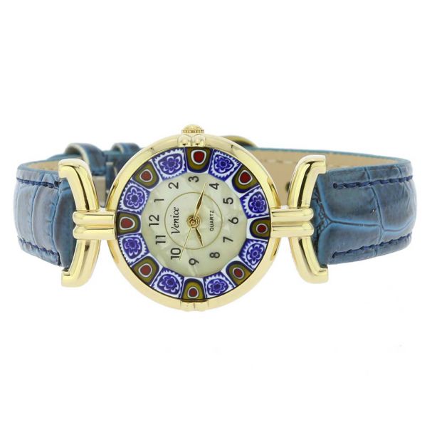 Murano Millefiori Watch With Leather Band - Blue