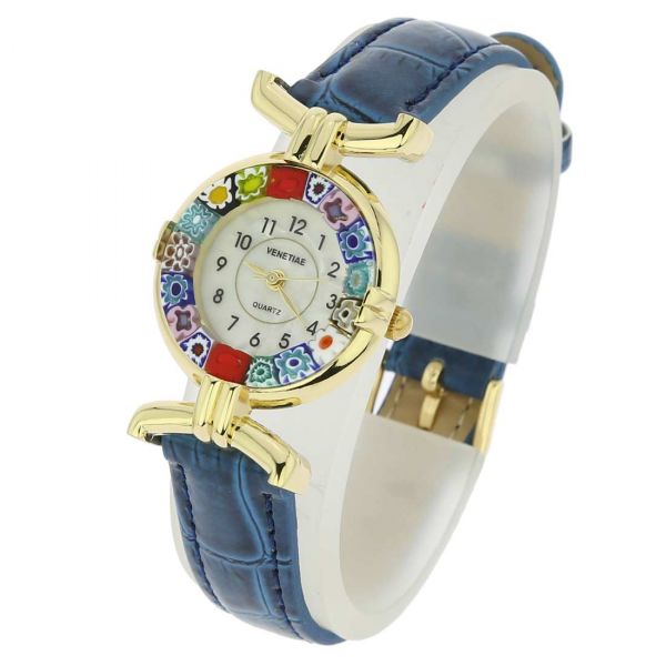 Murano Millefiori Watch With Leather Band - Blue Multicolor