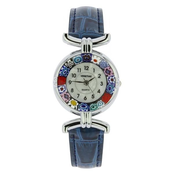 Murano Millefiori Watch With Leather Band - Blue Multicolor