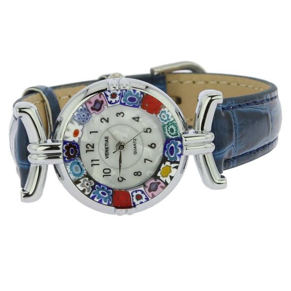 Murano Millefiori Watch With Leather Band - Blue Multicolor