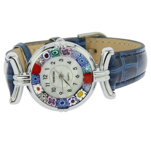 Murano Millefiori Watch With Leather Band - Blue Multicolor