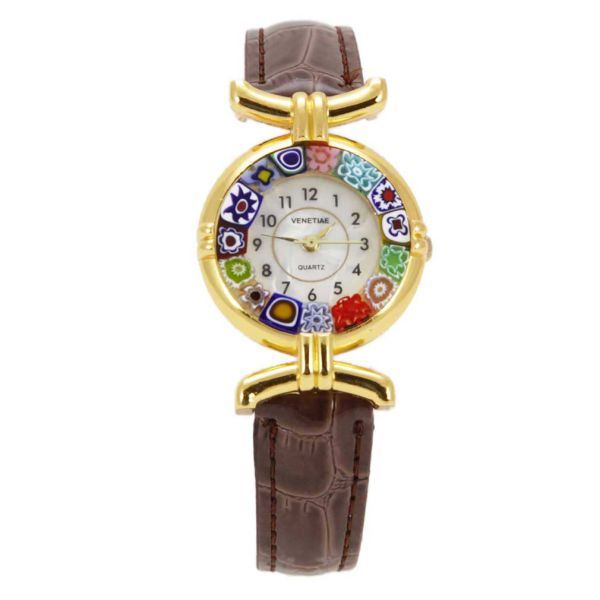Murano Millefiori Watch With Leather Band - Brown Multicolor