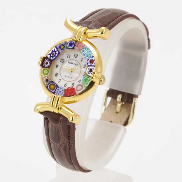 Murano Millefiori Watch With Leather Band - Brown Multicolor