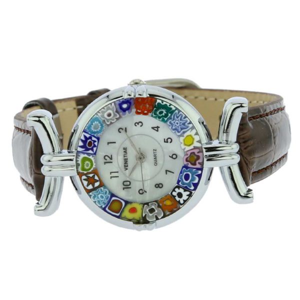 Murano Millefiori Watch With Leather Band - Silver Brown Multicolor
