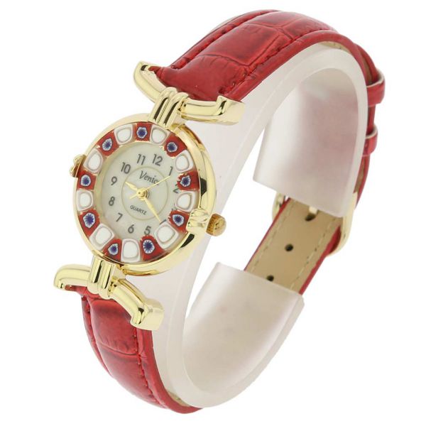 Murano Millefiori Watch With Leather Band - Red