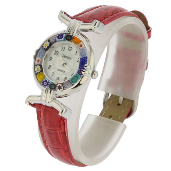 Murano Millefiori Watch With Leather Band - Silver Red Multicolor