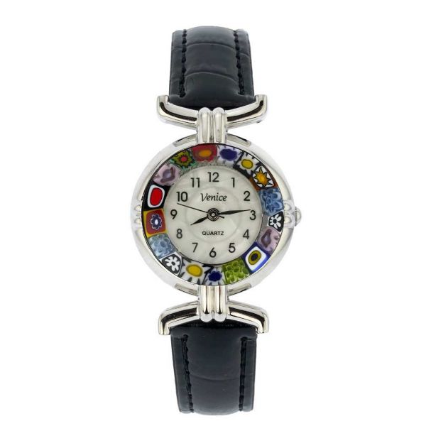 Murano Watches | Murano millefiori watch with leather band - black ...