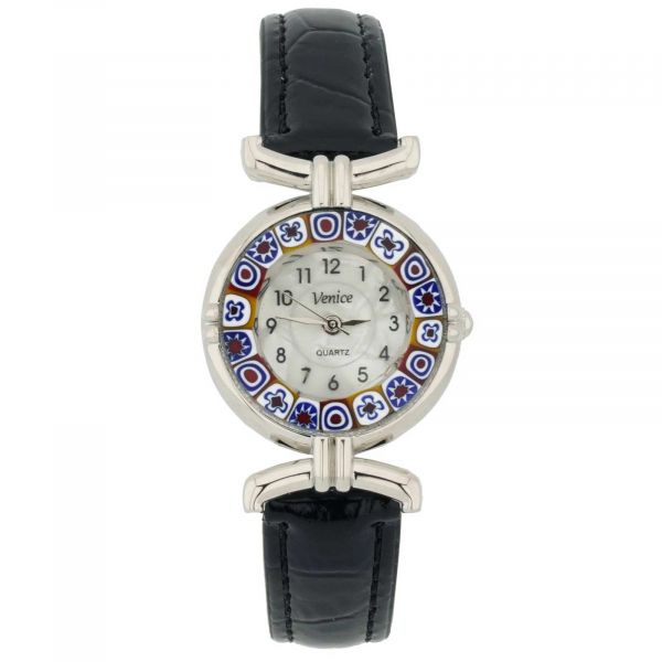 Murano Millefiori Watch With Leather Band - Black