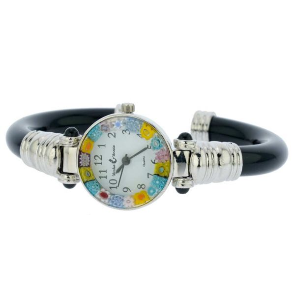 Murano Millefiori Bangle Watch - Silver Black Multicolor