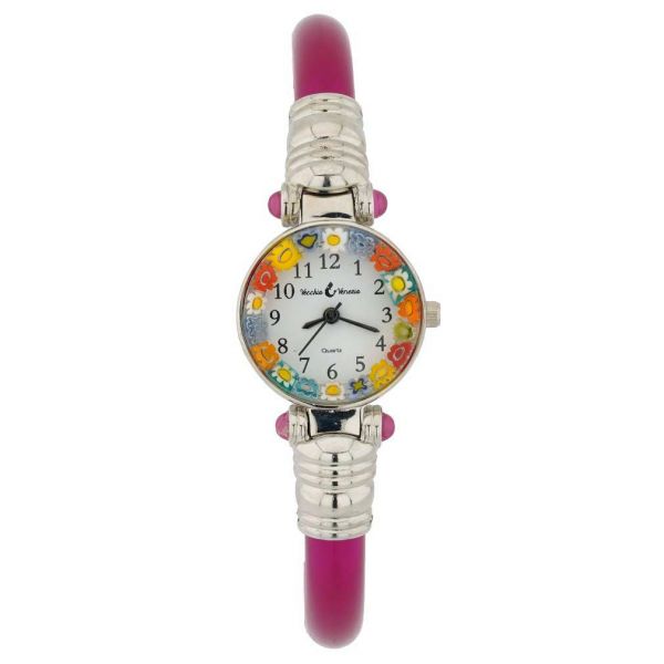 Murano Millefiori Bangle Watch - Silver Magenta Multicolor