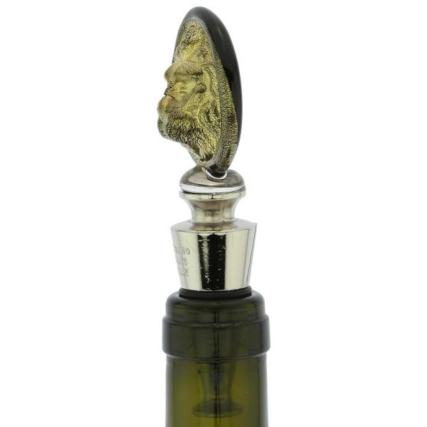 Murano Glass Lion Head Bottle Stopper - Black