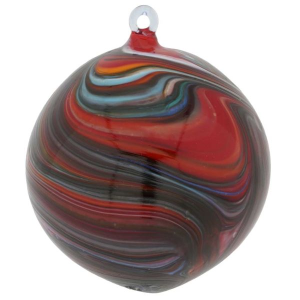 Murano Glass Chalcedony Christmas Ornament - Red Swirl