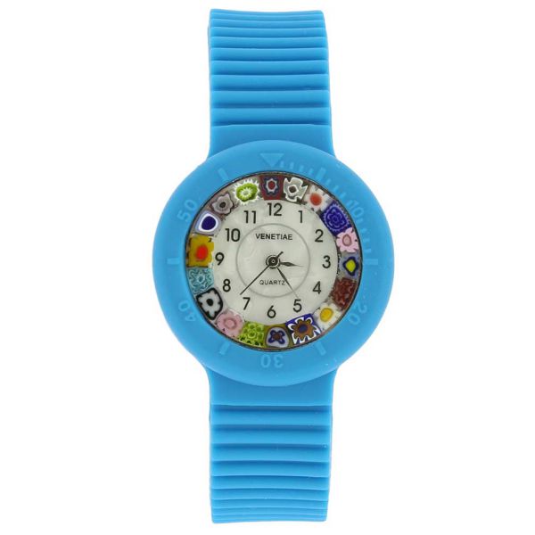 Murano Millefiori Watch with Rubber Band - Aqua Blue