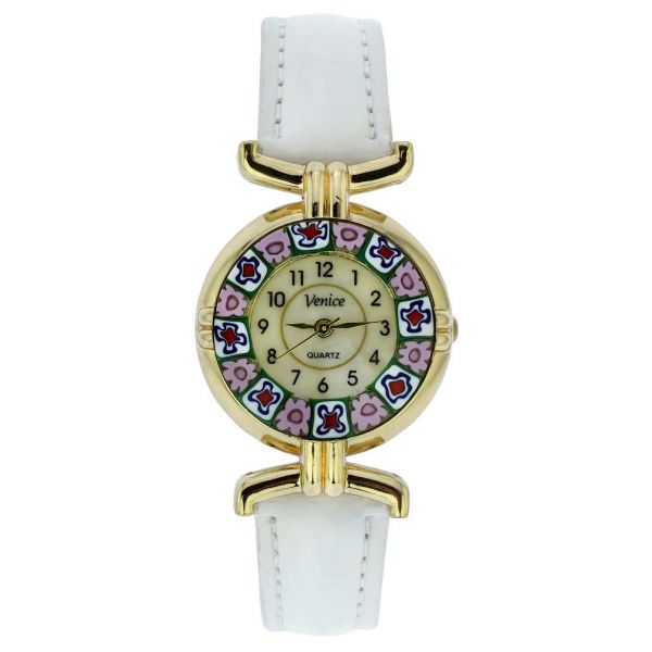 Murano Millefiori Watch With Leather Band - White