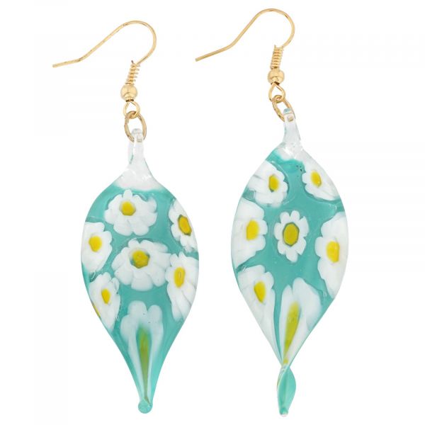 Murano Glass Daisy Leaf Earrings - Aqua