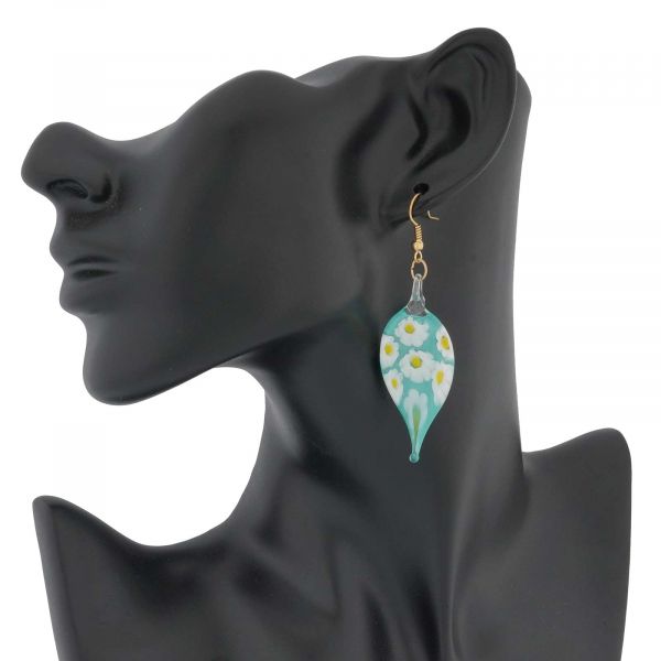 Murano Glass Daisy Leaf Earrings - Aqua