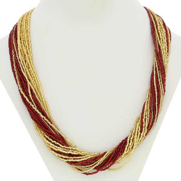 Gloriosa 24 Strand Seed Bead Murano Necklace - Red and Gold