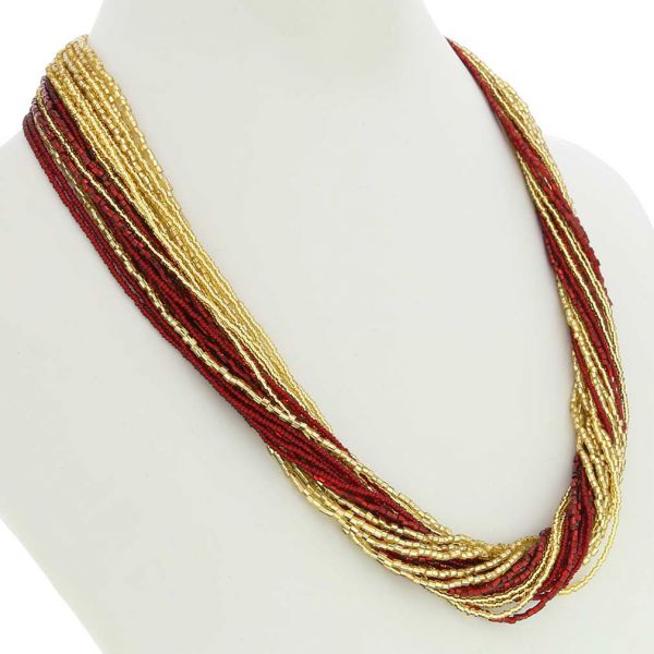 Gloriosa 24 Strand Seed Bead Murano Necklace - Red and Gold
