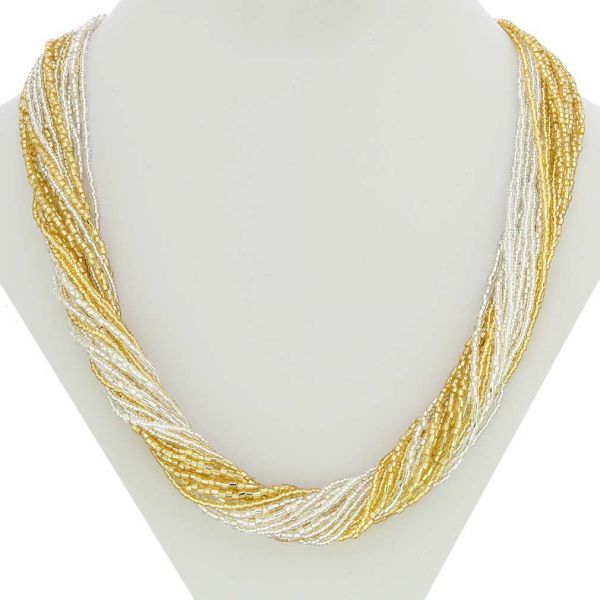Gloriosa 24 Strand Seed Bead Murano Necklace - Gold and Silver