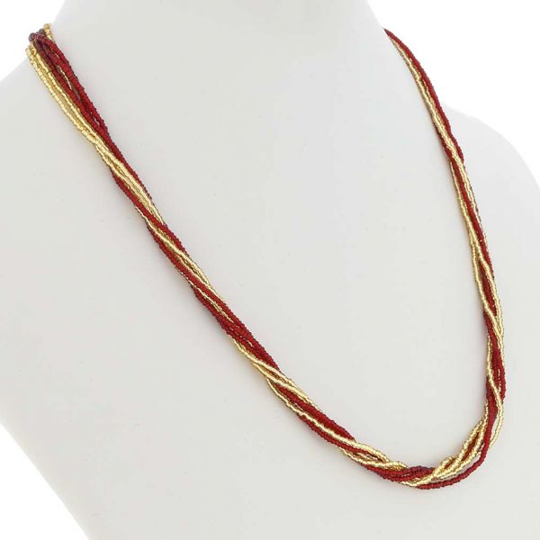 Gloriosa 6 Strand Seed Bead Murano Necklace - Red and Gold