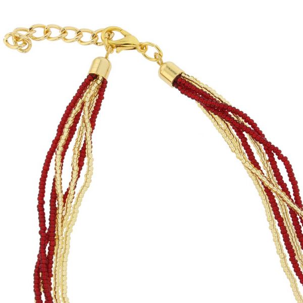 Gloriosa 6 Strand Seed Bead Murano Necklace - Red and Gold
